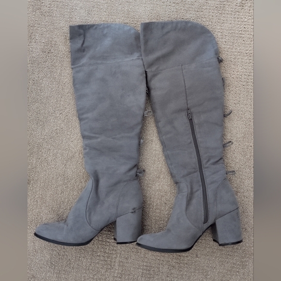 Charming Charlie Shoes - Charming Charlie Tall Bow Back Detail Grey Suede Heeled Boots